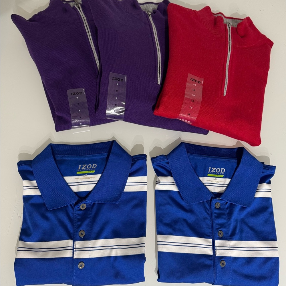 Wholesale, IZOD Golf Polo and Zip-Up Shirt Set - Blue, Purple, Red. Sizes M & L.